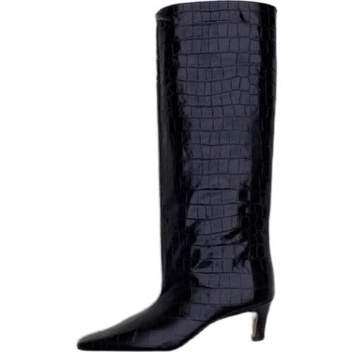 Dipsloot New Woman Black Brown Crocodile Pattern Leather Knee High Boots 55 mm Mid Heels Square Toe Loose Tube Long Boots Shoes