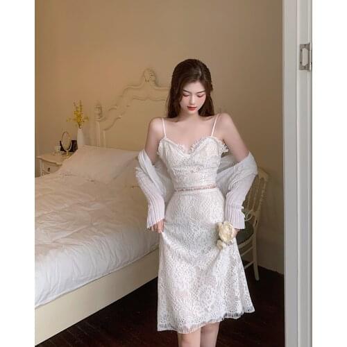 2021 Summer Women Backless Lace Tank Tops White Sexy Fashion Vest+High Waist Lace Midi Skirt Set Girls Cute Two-Piece Sets