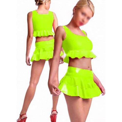Street Women Set Outfits Acitve Sleeveless Tee Top and Pleated Skirt Matching Two Piece PVC Crop Top with Mini Skirt Club Suits