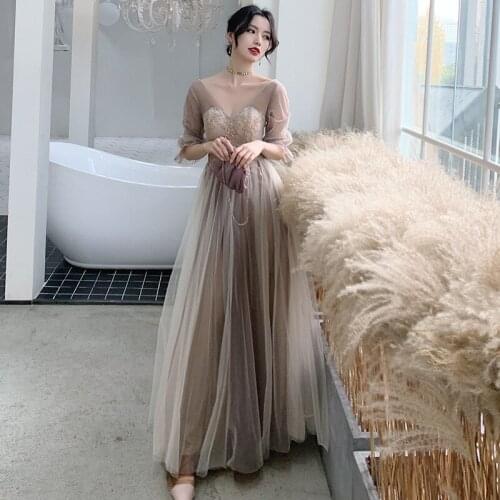 Vestido De Fiesta Prom Dress 2021 Khaki A-Line Tulle V-Neck Illusion Sleeves Women Evening Party Gowns JQ799