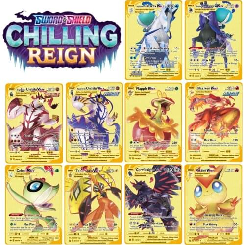 2021 Pokemon Game Battle Cards Sword & Shield Chilling Reign Ice / Shadow Rider Calyrex Vmax Gold Metal Card Collection Toy Gift