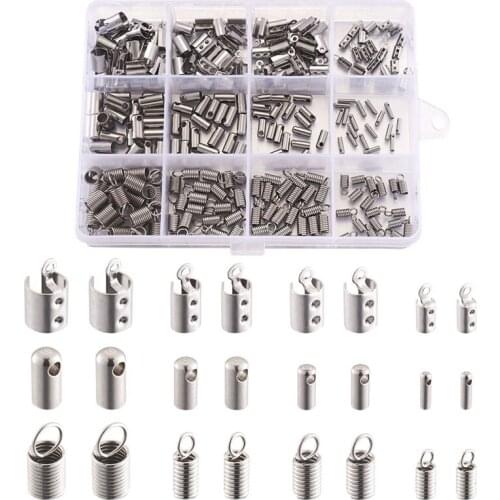 240pcs/box 304 Stainless Steel Cord Ends End Caps Coil Cord Ends Folding Crimp Connector for Jewelry Making DIY Craft Supplies