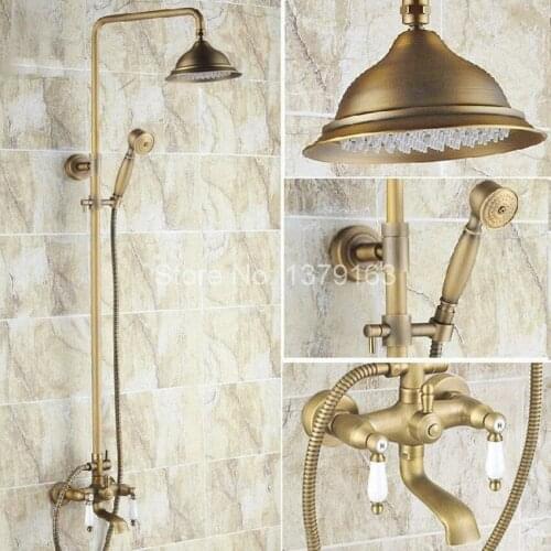 Antique Brass Two Ceramic Handle Bathroom Rain Shower Faucet Set Tub Mixer Tap + 8.2" Round Rain Shower Head + Handshower ars143