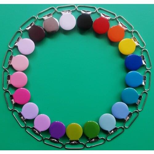 Free Shipping 100pcs 25MM Enamel Round Metal Suspender Clips Pacifier Mitten Fabric Dummy Clips,Mix 21 Colors,With Plastic Teeth