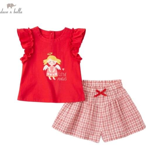 DBM17517 dave bella summer baby girls cute bow cartoon plaid clothing sets kids fashion short sleeve sets children 2 pcs suit