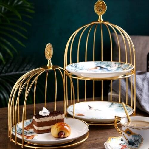 Double Metal Cake Stand Ceramics Animal Pattern Fruit Dessert Plate Wedding Party Cake Stand European Style Home Cake Tools
