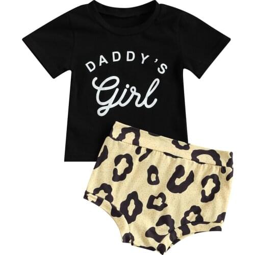 2021 New Summer 0-2Y Baby Girl 2Pcs Set DADDY GIRL Black Short Sleeve Letter Print T-Shirt+Leopard Shorts Toddler Clothes Outfit
