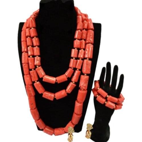 Dudo Coral Jewelry Set 12-16mm Original Coral Beads Bridal Set 3 Layers Orange / Red / White W741824