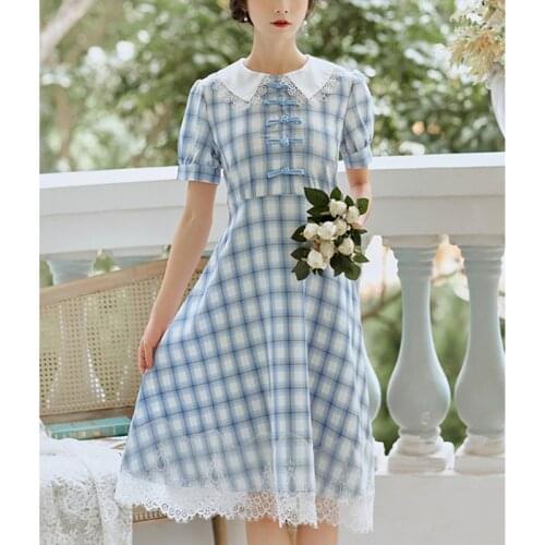 Hollow Lace Doll Collar Cute Summer Sweet Retro Dress Mesh Lace French Elegant Robe Femme Fashion Chiffon Vestido