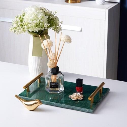 Marble Tea Set Tray Bathroom Cosmetics Shelf Fruit/ Pastry Plate Rectangle Storage Organization Gold Handle Black/White/Green