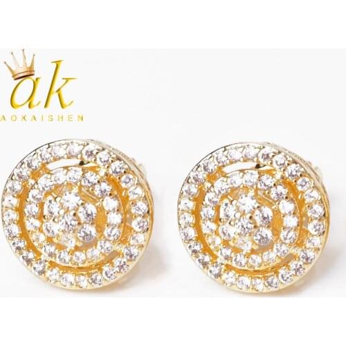 10MM Round Hollow Out Earring Silver Color Full Cubic Zircon Screw Back Mens Earrings Fashion Hip Hop Jewelry for Gift