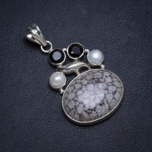 Natural Stingray Coral Black Onyx and River Pearl Handmade Unique 925 Sterling Silver Pendant 1.5" X0105