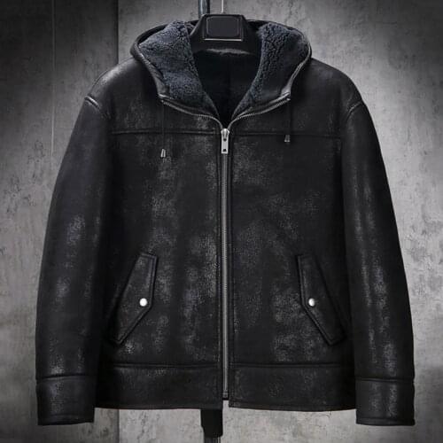 New Mens B3 Shearling Jacket Black Leather Jacket Hooded Fur Coat Short Sheepskin Coat Winter Warm Jacket
