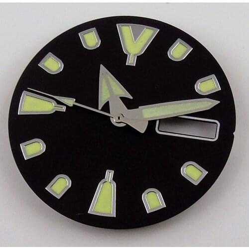New 29mm Steel Green Luminous Marks Sunburst Black Watch Dial Face fit NH36A Double Date Window