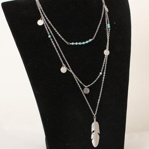 New fashion layered necklace gold chain Bohemian lady simple green sequins feather tassel pendant necklace