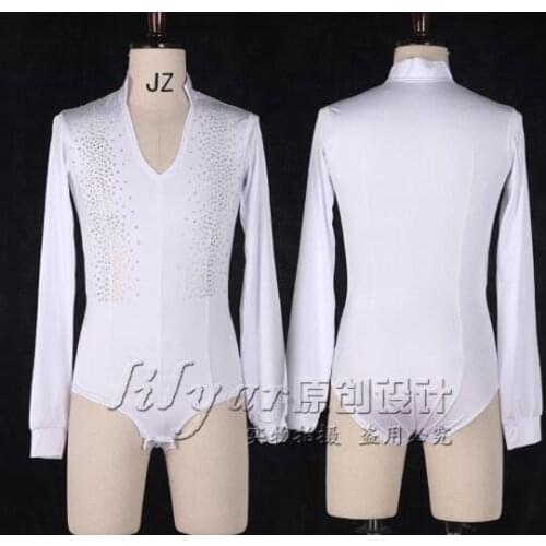 New style white Men boy ballroom Latin body shirt V neck long sleeve rhinestone competition costume