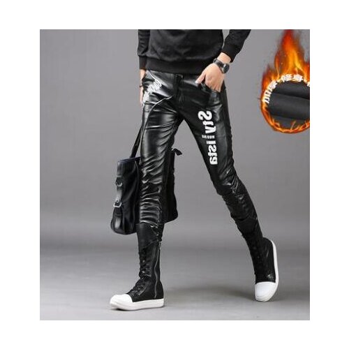 Autumn winter thicken personality fashion motorcycle faux leather pants mens feet pants casual trousers for men pantalon homme