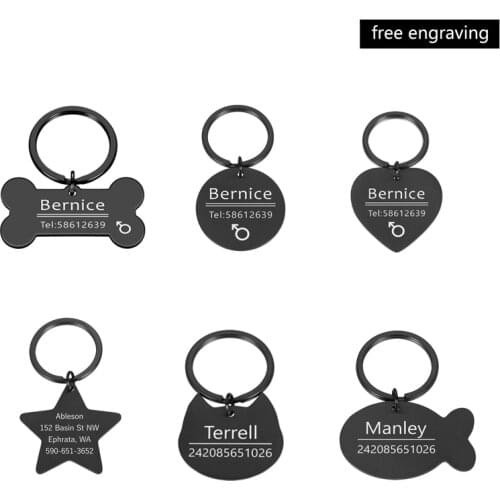 Black Engraved Six Shapes Cat Dog Pet ID Tag Dog Anti-lost Collar Charm Pet Name Necklace Collar Puppy Cat Collar Accessories