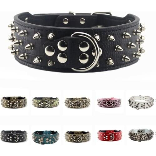 2 Inch wide 3 Rows Sharp Spiked Studded Leather Medium Large Dog Pet Collar Studs Collar for Pitbull Bulldog Mastiff More Breeds