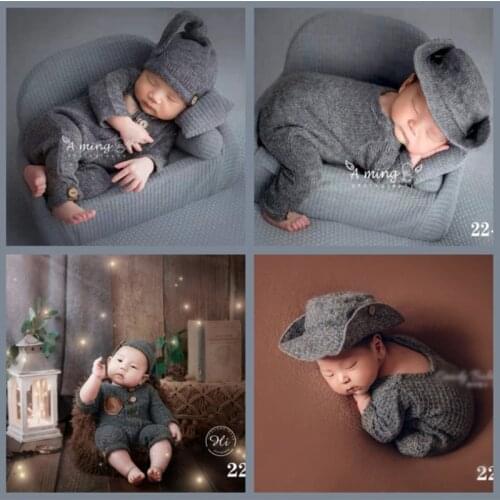 Newborn Baby Photography Props Knit Outfits Bonnet Cowboy Hat Jumpsuit Set Fotografia Accessories Studio Shoot Photo Props Cloth