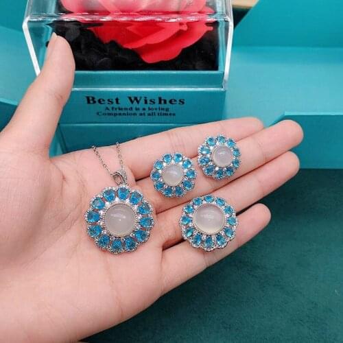 925 Silver Luxury Round Jewelry Set Charm Flower Stud Earrings Dainty Chalcedony Zircon Adjustable Ring For Women Wedding Party