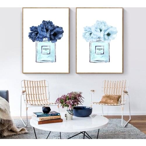 Modern Fashion Perfume Poster Blue Watercolor Peonies Floral Painting Canvas Prints Woman Makeup Wall Pictures Girls Room Decor