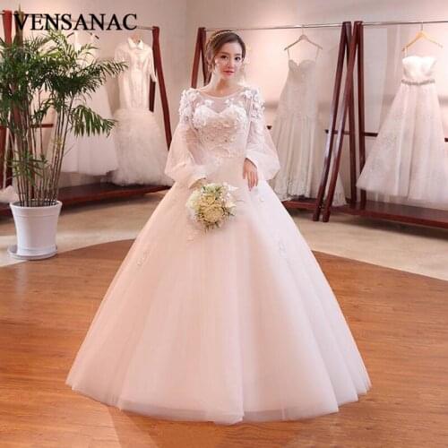 VENSANAC 2018 Illusion O Neck Flowers Appliques Ball Gown Wedding Dresses Lace Lantern Long Sleeve Backless Bridal Gowns