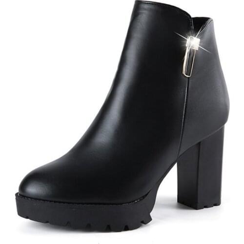 Wertzk New Fashion Boots Women Autumn Winter Chunky Heel Shoes Woman Booties Round Toe Platform Shoes Black zapatos de mujer