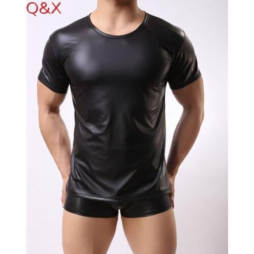 XX76 Summer Style 2017 Fashion Black Faux Leather Men Sexy Lingerie Fitness Tops Tees Short Sleeves T Shirts