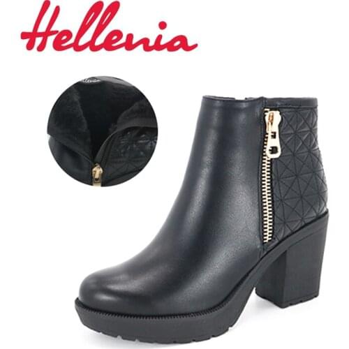Hellenia New Style Medium Heel Ankle Real wool Lining Fashion Footwear Rounded Toe Waterproof Shoes Woman PU leather boots