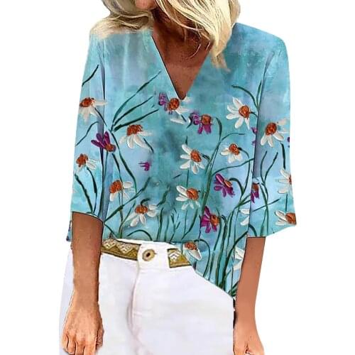 Plus Size Womens Tops And Blouses Women Summer Casual Sexy V-neck Printed Medium Sleeved Tops Blouse Blusas Mujer De Moda 2021