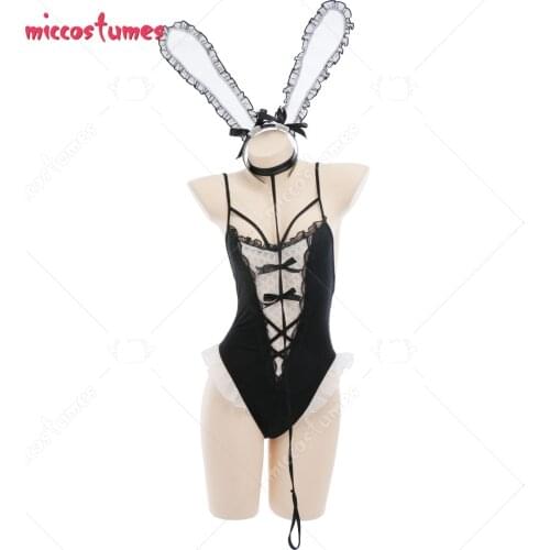 Women See-Through Lace Decorated Bunny Girl Suit Bodysuit Set Cosplay Costume Outfit with Choker Headdress Stockings