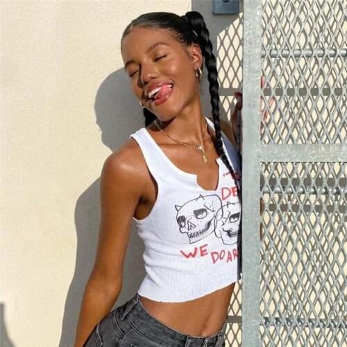 Round Neck Fashion Letter Printing Vest Y2k Ladies White Skull Printing Casual Stretch Sleeveless Crop Top 2021 Summer New Women
