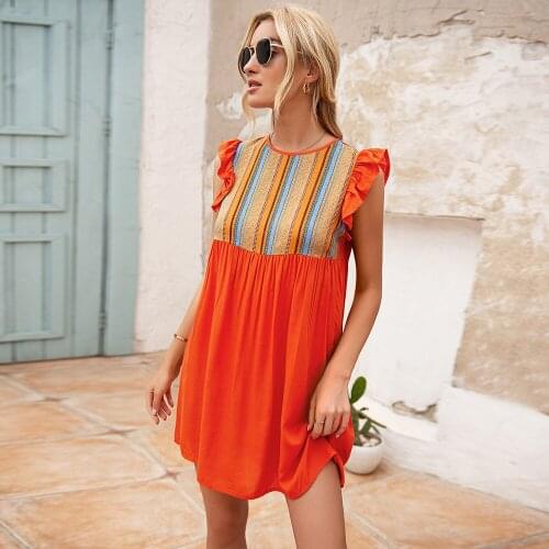 Indie Folk Casual Loose Striped Print Patchwork Mini Dress Women Summer New Sleeveless Ruffles High Waist Casual Beach Vestidos