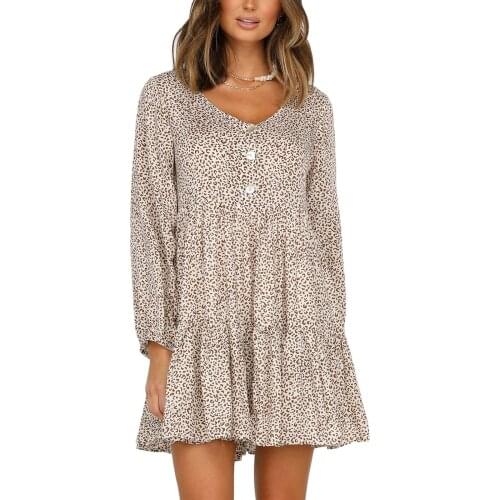 2021 New Spring Women’s Print Dress Retro Long Sleeve V-Neck Buttons Loose Short Dress Female Ruffles Vestidos Casual Sundress