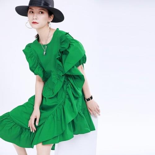 2021 French style spring fold hem irregular stitching summer beach skrit dress green black white puff sleeve O-Neck women dress