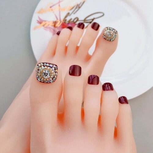 24pcs/set Sexy Mixed Red Shiny Rhinestone Toe Fake Nails Art Tips 3D DIY Khaki Full Cover False Fake Nails Tips with free Glue