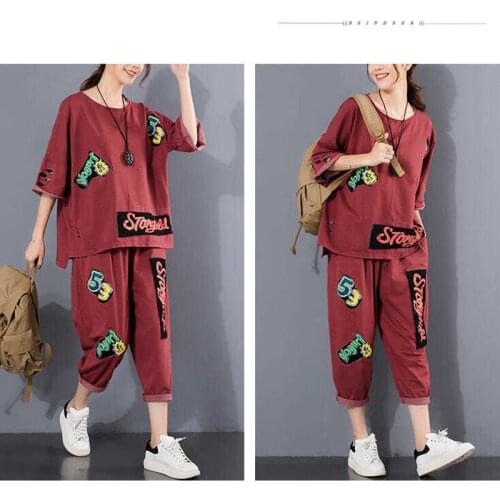 Large size womens summer new loose letter patch hole two-piece suit women