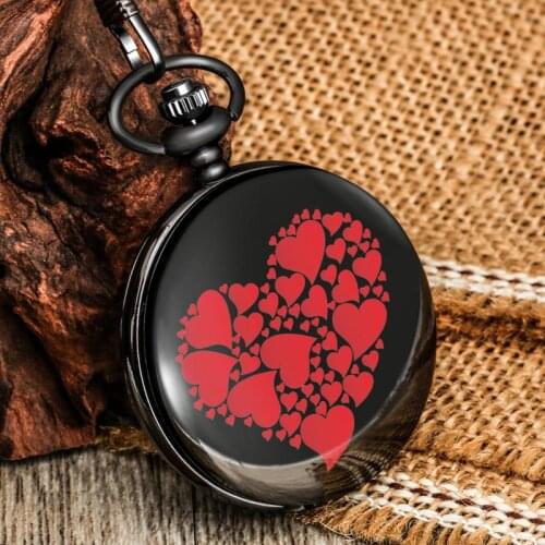 Romantic Love Heart Exquisite Pattern Quartz Pocket Chain Watches Black Smooth Flip Cover Digital Dial Portable Couple Watches