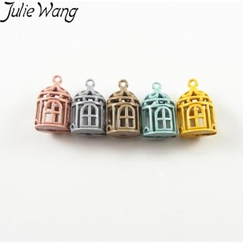 Julie Wang 5PCS Colorful Round Bird Cage Shape Zinc Alloy Pendant Charms Handmade Women Jewelry Twinket Bangle Findings 12*20mm