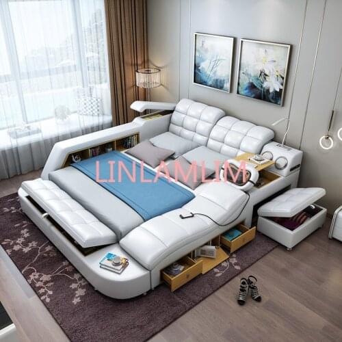 Genuine Leather multifunctional massage bed frame Nordic camas ultimate bed With storage LED light Bluetooth speaker safe radio