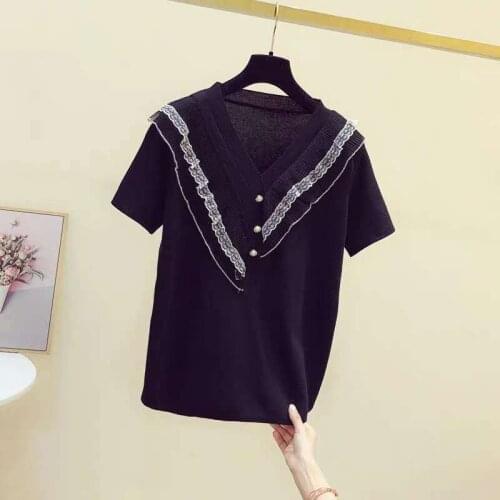 Fashion Lace V-neck short-sleeved sweater bottoming shirt womens loose thin pullover spring summer