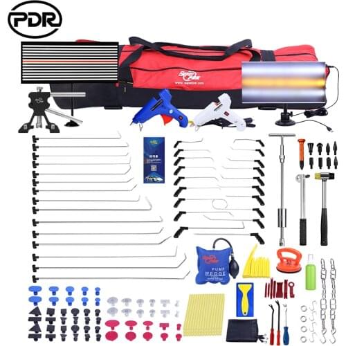 Super PDR Paintless Dent Removal Kit set Dent Puller Slide Hammer Glue Tabs Glue Gun LED Lamp Dent Repair Tools