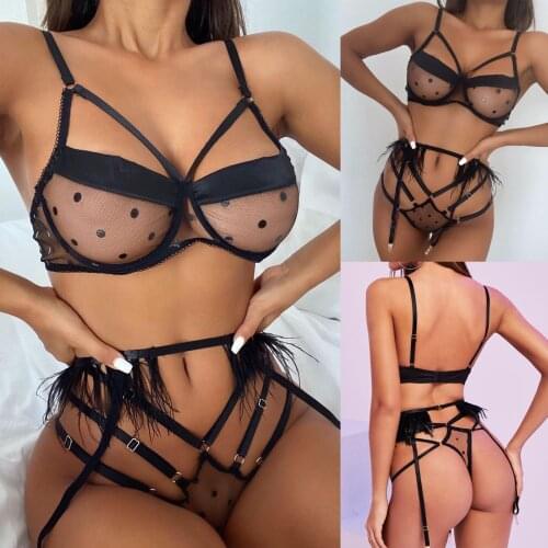 Women Sexy Erotic Lingerie G-string Lace Lingerie Thong Steel Ring Underwear Feather Garter Fashion Perspective Underwear Set