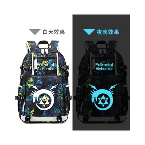 New Fullmetal Alchemist Backpack laptop bag Men Anime Travel bags Edward Elric luminous USB Oxford Backpack schoolbag