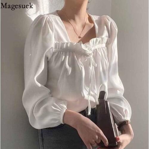 Autumn Korean Long Sleeve Womens Blouses New Square Collar Puff Sleeve Lace-up Shirt Pleated Vintage Shirt Tops Blusas 16367