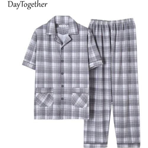 Pajamas Male Summer Short-Sleeve Pants Cotton Cardigan Leisure Loose Large Size Sleepwear Suit 2-Piece Men Plaid Homewear
