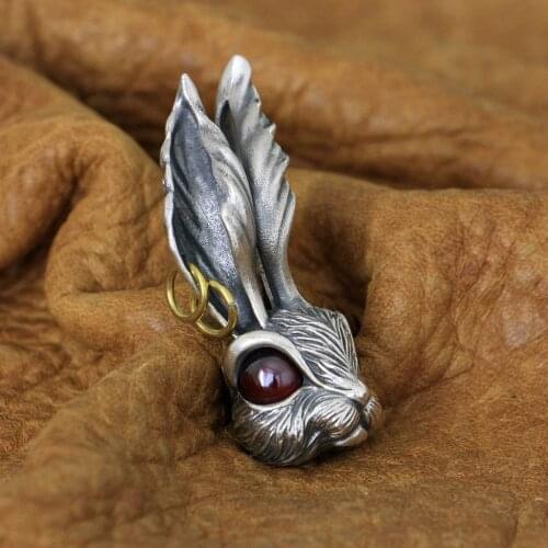 LINSION 925 Sterling Silver Cute Long Ear Rabbit Pendant Red CZ Eyes Charms Jewellery TA283 JP