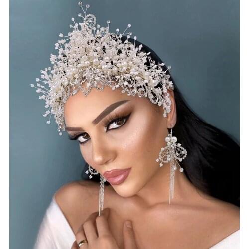 Luxury Bride Crowns with Pearl Bride Party Flower Crown Bridal Tiara Headbands Indian Wedding Hair Accessories