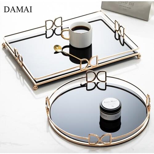 European Light Luxury Metal Mirror Trays Rectangular Round Cosmetic Jewelry Display Storage Tray Wedding Ornaments Home Decor